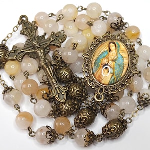 Our Lady of Guadalupe Rosary: Bronze & Montana Agate, Personalized Catholic Gift