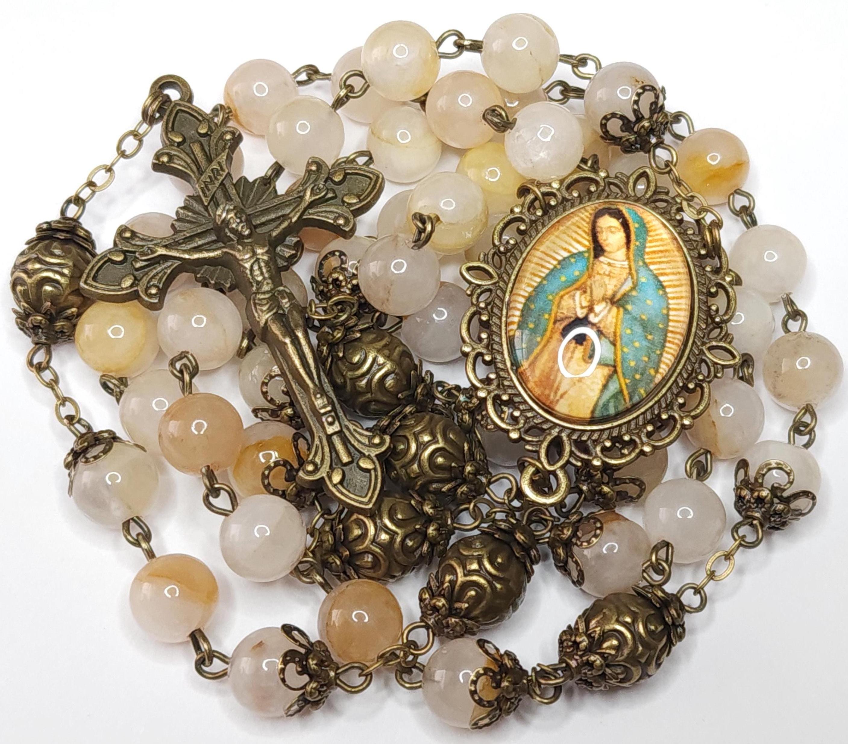 Our Lady of Guadalupe Rosary: Bronze & Montana Agate, Personalized Catholic Gift