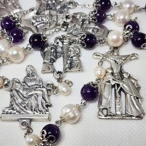 Stations of the Cross Catholic Rosary, Pieta Passion of Christ, Way of the Cross, 14 Stations, Blood of Jesus, Genuine Amethyst Fresh Pearls