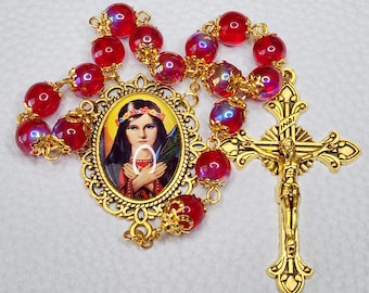 St Philomena Chaplet: Red Aurora Borealis Beads, Catholic Gift