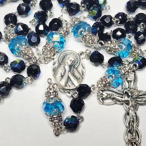 Personalized Catholic Rosary: Blessed Mother, Sacred Heart - Black Iridescent Beads