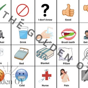 May include: A grid of illustrated cards with text labels. The cards depict various concepts, including "Yes," "No," "I don't know," and "Good/Bad" hand gestures. Other cards show a wheelchair, a glass of water, washing hands, brushing teeth, and getting dressed.
