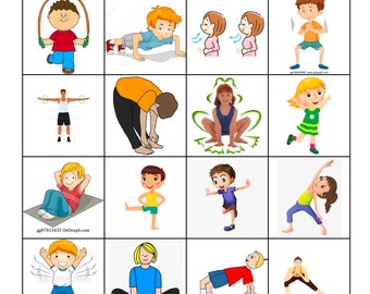 May include: A colorful illustration of a bingo card with the word "MOVE" at the top and images of people doing different exercises in each square. The exercises include jumping rope, push-ups, stretching, yoga, and more.