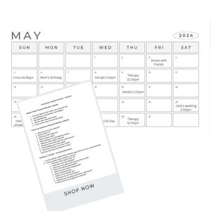May include: A black and white calendar for May 2024 with a list of activities and appointments. The calendar includes events like "Mom's Birthday", "Vet apt 2:30pm", "Therapy 12:30pm", "Dentist 1:00pm", and "Julie's wedding 2:00pm".