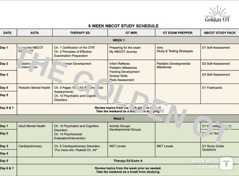 6 Week NBCOT Study Schedule Etsy 6 Week NBCOT Study Schedule Etsy
