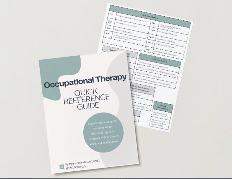 May include: A quick reference guide for Occupational Therapy students and practitioners. The cover is white with a teal design and the title "Occupational Therapy QUICK REFERENCE GUIDE". The guide covers lifespan topics and NBCOT study prep.
