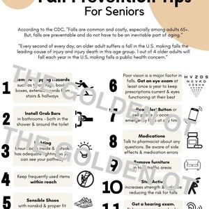 May include: An infographic titled "Fall Prevention Tips For Seniors" with eleven numbered tips. The tips include removing hazards, installing grab bars, ensuring lighting, and getting a hearing exam. The image is in shades of beige and blue.
