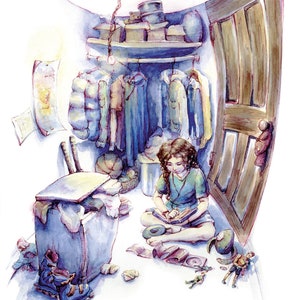 May include: A watercolor painting of a messy closet with a young person sitting on the floor looking at a book. The closet is filled with clothes, boxes, and other items. The person is wearing a blue shirt and has long brown hair.