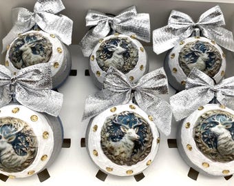 Ready now - Silver Bowed Reindeer Baubles, Set of 6 Winter Decorations