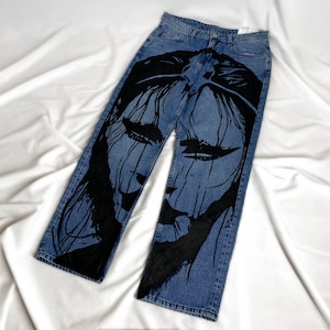 Grunge jeans with pattern skeleton bone mens fashion y2k style vintage pants streetwear horror trousers