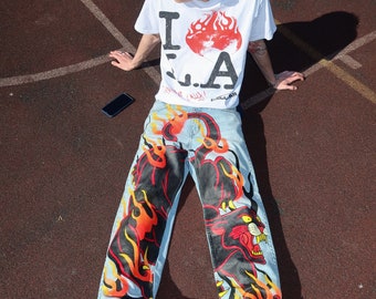 Handpainted Panther Denim Jeans: Y2K Baggy Fit (W30/32) - Etsy