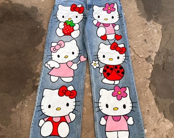 Hand-Painted Anime Jeans: Custom Cartoon Denim, Baggy Low Rise Fit