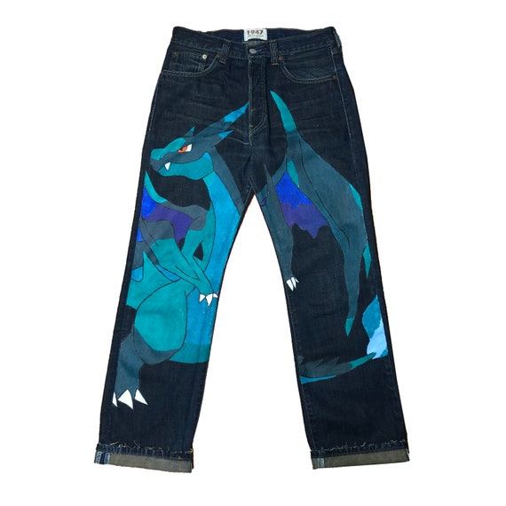 Cartoon Jeans Custom Hand Painted Anime Vintage Dragon Poke Etsy etsy