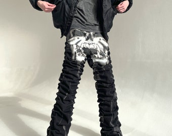 Black Cartoon Print Jeans: Custom Y2K Baggy Fit Denim