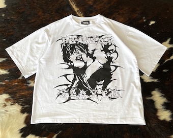 grunge white oversize t-shirt fashion wear y2k style red evil tees
