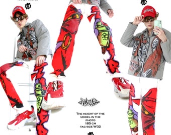 1 of 1 custom graffiti anime jeans customized hand painted pants W30 W32 W34