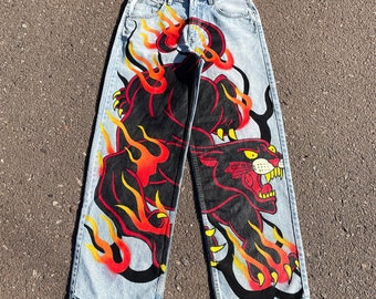 Hand-Painted Panther Denim Jeans: Y2K Baggy Fit Streetwear