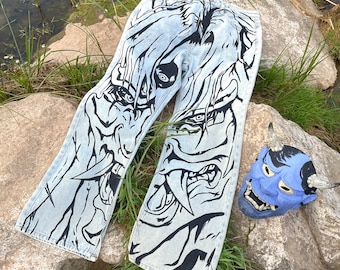 Handpainted Graffiti Denim Jeans: Y2K Gothic Bone Skeleton