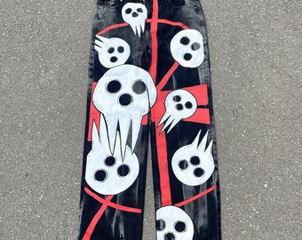 Handpainted Grunge Jeans: Skeleton Bone Y2K Streetwear Trousers