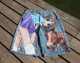 oversize anine shorts jorts airbrush custom y2k  mens women unisex
