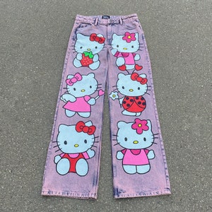1 of 1 custom anime jeans cartoon pink pants girls customized style streetwear cosplay fashion manga denim W26 W28 W30 W32 L32