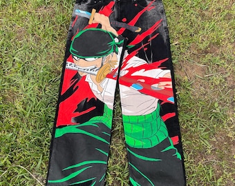 Airbrushed Anime Jeans: Y2K Menswear Streetwear (W34 L32)