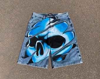Hand-Painted Skull Denim Cargo Shorts: Y2K Gothic Fashion