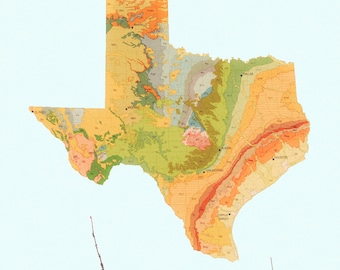 May include: A colorful map of Texas, featuring geological details and major cities like Dallas and Houston. The word "TEXAS" is printed at the top. The map is set against a light blue background, with a desert landscape and mountains at the bottom.
