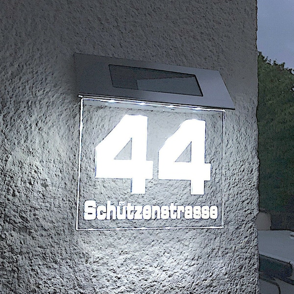 Illuminated LED solar house number, house number light can be personalized / engraved incl. 2100mAh battery