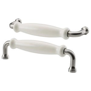 May include: Two white ceramic cabinet pulls with a brushed nickel finish. The pulls have a curved design with a central, oval-shaped handle and curved ends. The hardware is designed for easy installation and adds a classic touch to any cabinet or drawer.