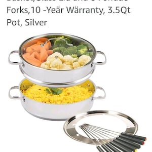 May include: A silver stainless steel cooker set with a glass lid, steamer basket, and fondue forks. The cooker contains cooked vegetables and rice. The set includes 8 fondue forks. The text on the image says "Cooker, Include Pot, Steamer Basket, Glass Lid and 8 Fondue Forks, 3.5Qt Pot, Silver."
