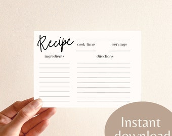 Printable Recipe Card, Personalized Recipe Card, Blank Recipe Card, Recipe Card Template, Minimalist Recipe Card, Recipe Insert