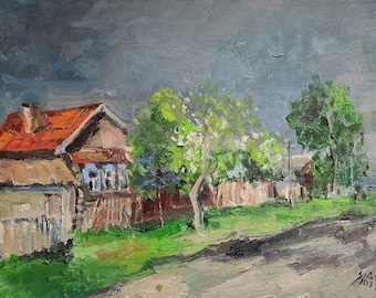 Wall art. Oil on paper The original work Landscape Green taiga