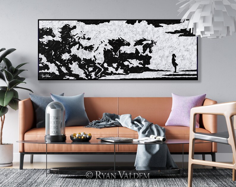 Heavy Texture Herd of Horses Express Shipping Thick Layers Art Herd vs Girl Modern Abstract Original Fearless Girl Extra Large Painting
