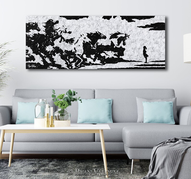 Heavy Texture Herd of Horses Express Shipping Thick Layers Art Herd vs Girl Modern Abstract Original Fearless Girl Extra Large Painting