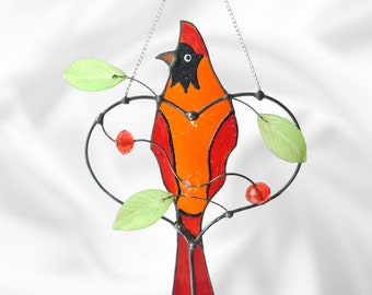 Vibrant Cardinal Stained Glass Suncatcher - The Ideal Mother's Day Gift: Breathtaking Handmade Window Hanging Design