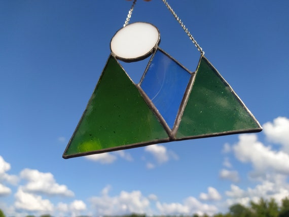 Stained Glass Mountain Suncatcher – Moon Window Hanging, Mountain Wall Art, Fall Decor