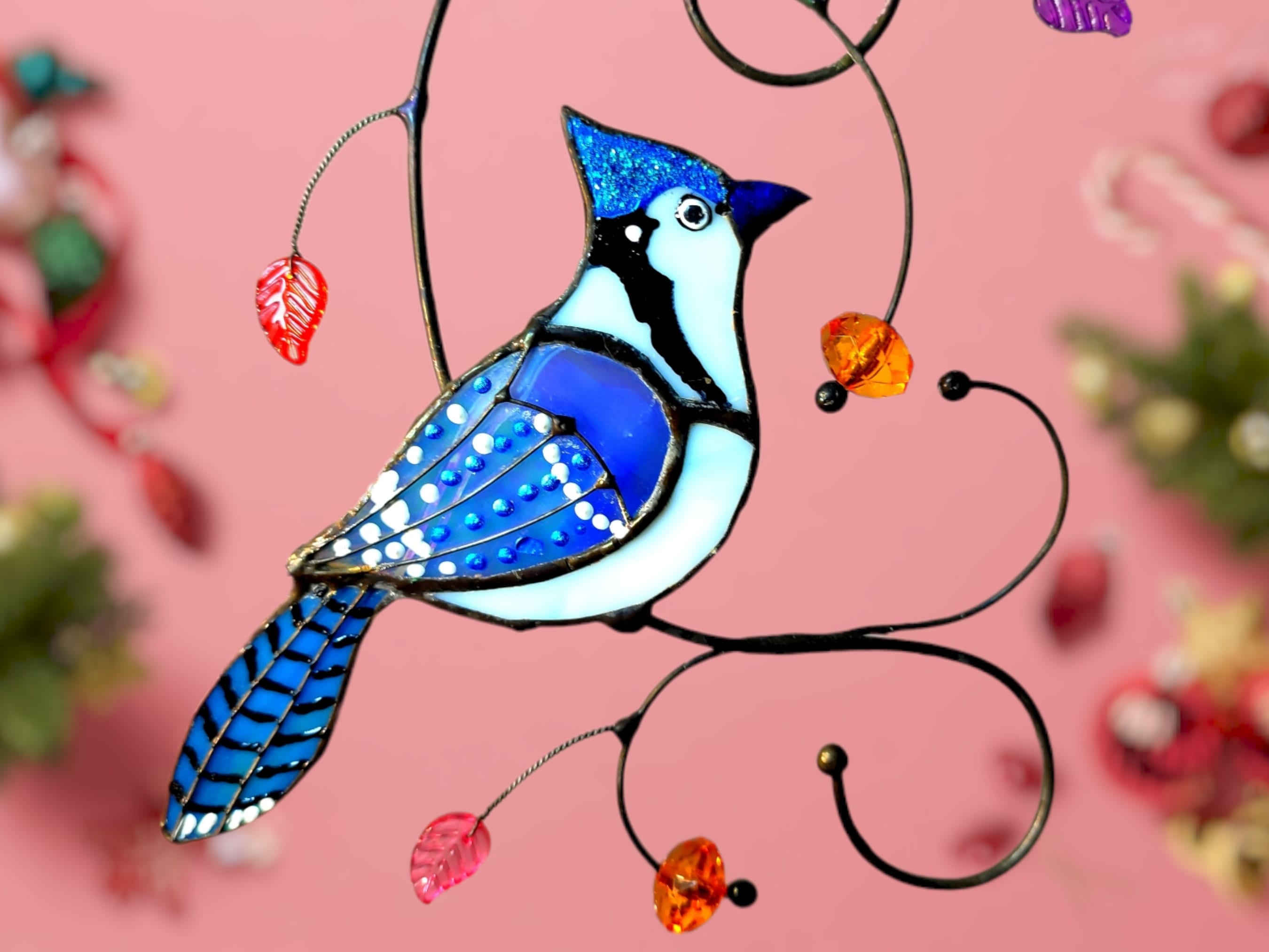 BLUE JAY Stained Glass Suncatcher Bird Wall Hangings Artwork Blue Bird  House