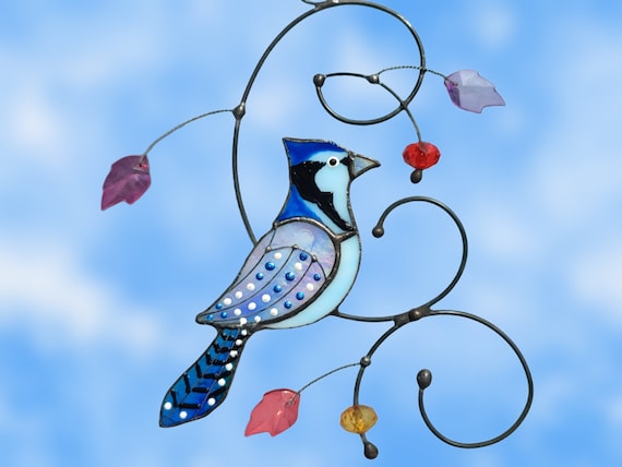 ステンドグラス　青い鳥とブドウのサンキャッチャー ステンドグラス青い鳥の羽サンキャッチャー窓吊り - ショップ