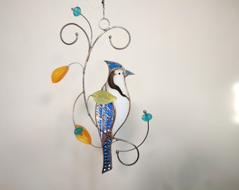 Blue jay stained glass window hangings bird Gifts for Mom - Ideal Mother's Day Gift, Outdoor Wall Decor & Gift for Women