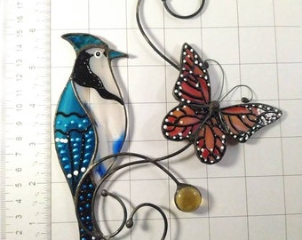 Blue Jay & Butterfly Stained Glass Suncatcher - Handmade Mother's Day Gift, Room Decor for Mom/Grandma, Hanging Window Art