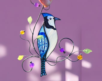 Blue jay stained glass suncatcher – a personalized St Patricks day gift handmade for her or as wall art Perfect for Easter decor