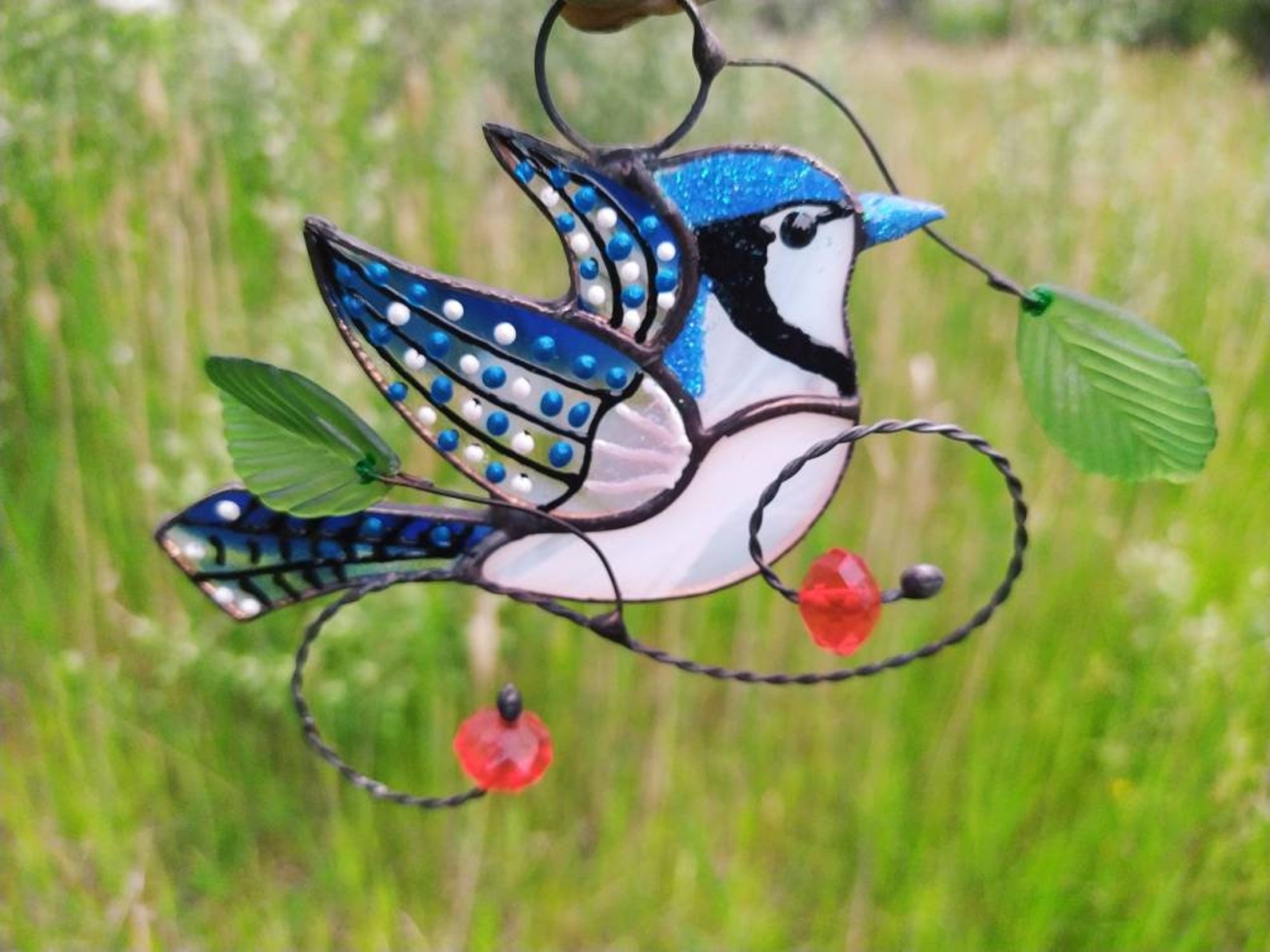 Blue jay Stained glass bird on a branch bird gift Window Etsy