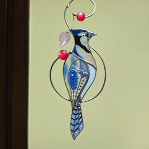 Stained Glass Blue Jay Suncatcher: Handcrafted Window Hanging Bird Art