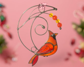 Handmade Cardinal Stained glass window Suncatcher hangings Gifts for Mom - Ideal Mother's Day Gift
