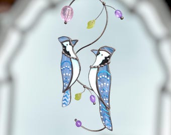 Blue Jay Couple Stained Glass Suncatcher – Birthday Gift, Gift for Her