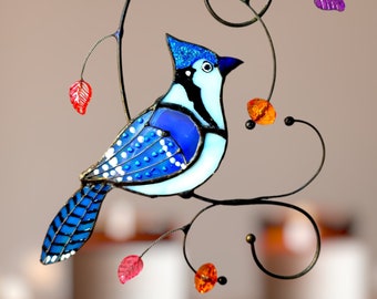 Stunning Blue Jay Stained Glass Suncatcher - Exquisite Handcrafted Gift for Mom and Nature Enthusiasts