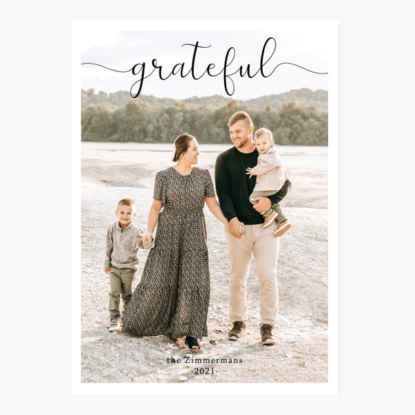 Grateful Script Customized  and printed Holiday Photo Card simplistic