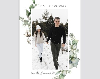 Watercolor Winter Greens Customized and printed Holiday Photo Card simplistic