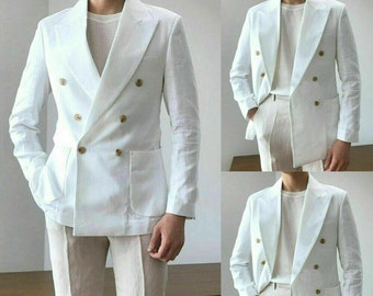 Mens White Linen Jacket Summer Wedding Jacket Sports Coat Bespoke Blazer Plus Size Groom Jacket Beach Suit Jacket Dinner jacket
